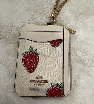 Coach Women s White Leather Strawberry Fruit Print Zip ID Holder w/ Chain