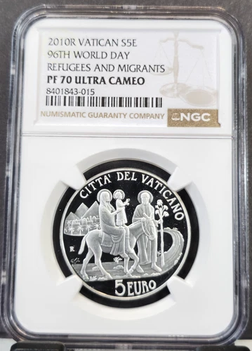 2010 VATICAN SILVER 5 EURO REFUGEES & MIGRANTS NGC PF 70 ULTRA CAMEO RARE POP 1
