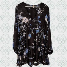 Free People Black Floral Flowy Long Sleeve Dress Blue Flowers Size XS