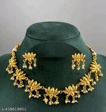 Traditional Lotus Design Golden Necklace With Earrings Ethnic Jewelry EE34