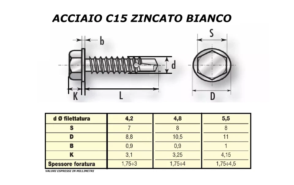 VITI AUTOPERFORANTI D. 4,2mm 4,8mm 5,5mm AUTOFORANTI TESTA ESAGONALE UNI 8117 - Immagine 2 di 4