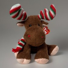 Ty Pluffies Merry Moose Brown Stuffed Animal Bean Bag Toy Red Green Antlers 10"