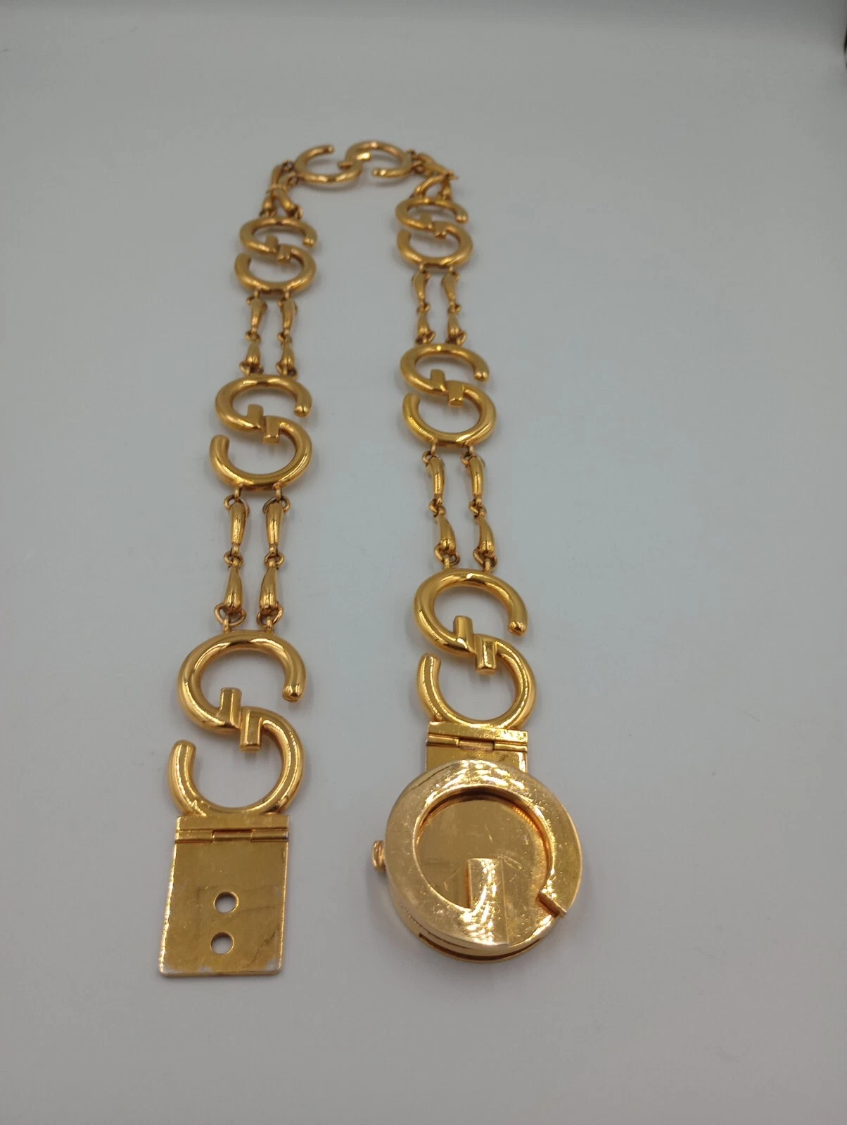 Rare ceinture vintage années 70 GUCCI logo chaîne double G plaqué or authentifiée 28