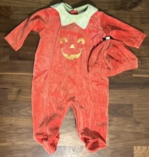 Vtg Little Me 2pc Fleece Pumpkin Outfit Footie Pajama Hat Sz 6M Sleeper Velour