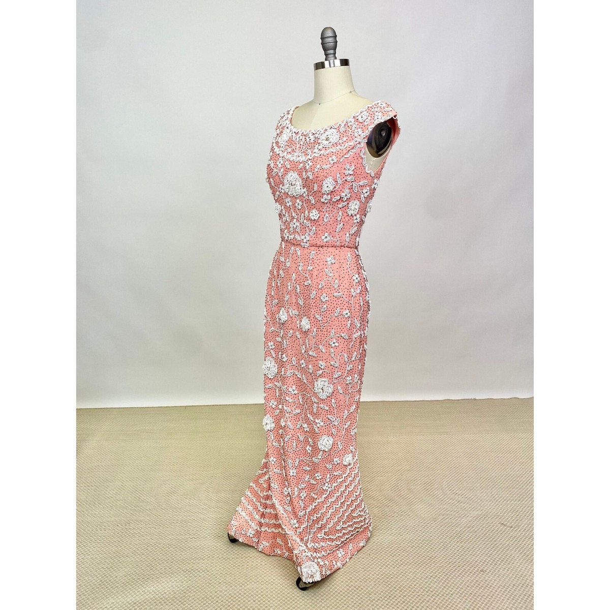 Vintage 1960s Ester Pomerantz Pink Silk White Floral Beaded Floor length  Dress | eBay