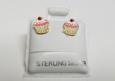 CUPCAKE 18K GOLD over 925 STERLING SILVER BEAUTIFUL ENAMEL GIRLS STUD EARRINGS