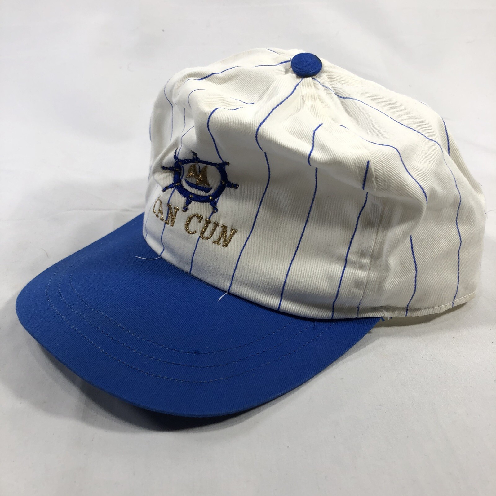 Vintage Cancun Mexico Pinstripes Souvenir Hat Cap Whi… Gem