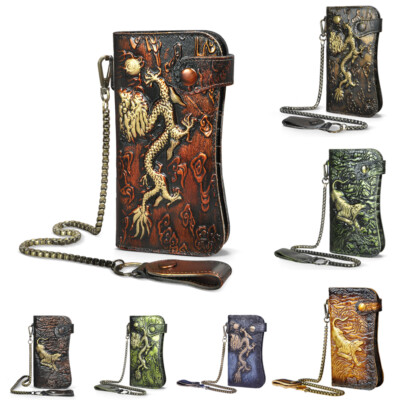 New Men Cowhide Dragon Tiger Embossed Bifold Wallets detachable Iron Chain Purse