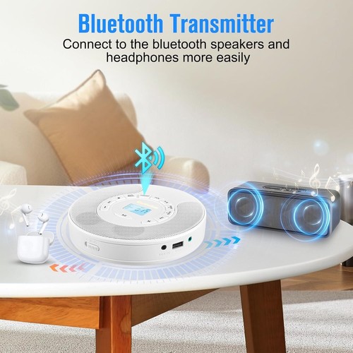 Portable CD Player with Bluetooth - Rechargeable Walkman for Car - Built-in Spea - Picture 5 of 7