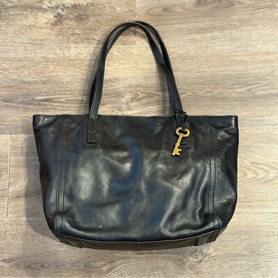 Fossil Black Leather Emma Zip Top Tote