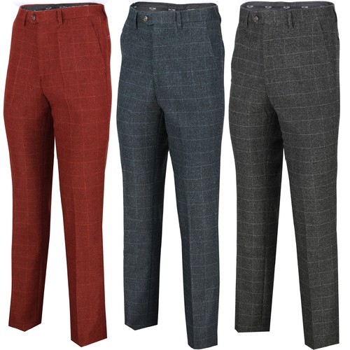 Hombre Vintage Grandes Cuadros Tweed Espiga Calce Ajustado Pantalones  Inteligente Formal Pantalón | eBay