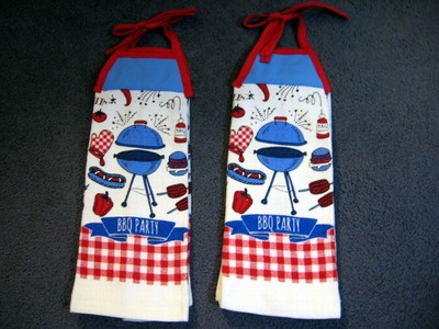 BBQ Party Handmade White Terrycloth Hanging  Kitchen Towels, Set Of 2