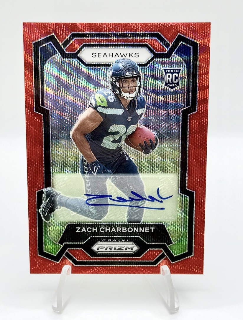 2023 Panini Prizm Zach Charbonnet #392 Red Wave Auto /149 Seahawks Rookie RC
