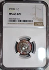 NGC MS-63 BN 1908 Indian Head Cent, Attractively Toned specimen.