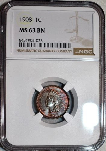NGC MS-63 BN 1908 Indian Head Cent, Attractively Toned specimen.