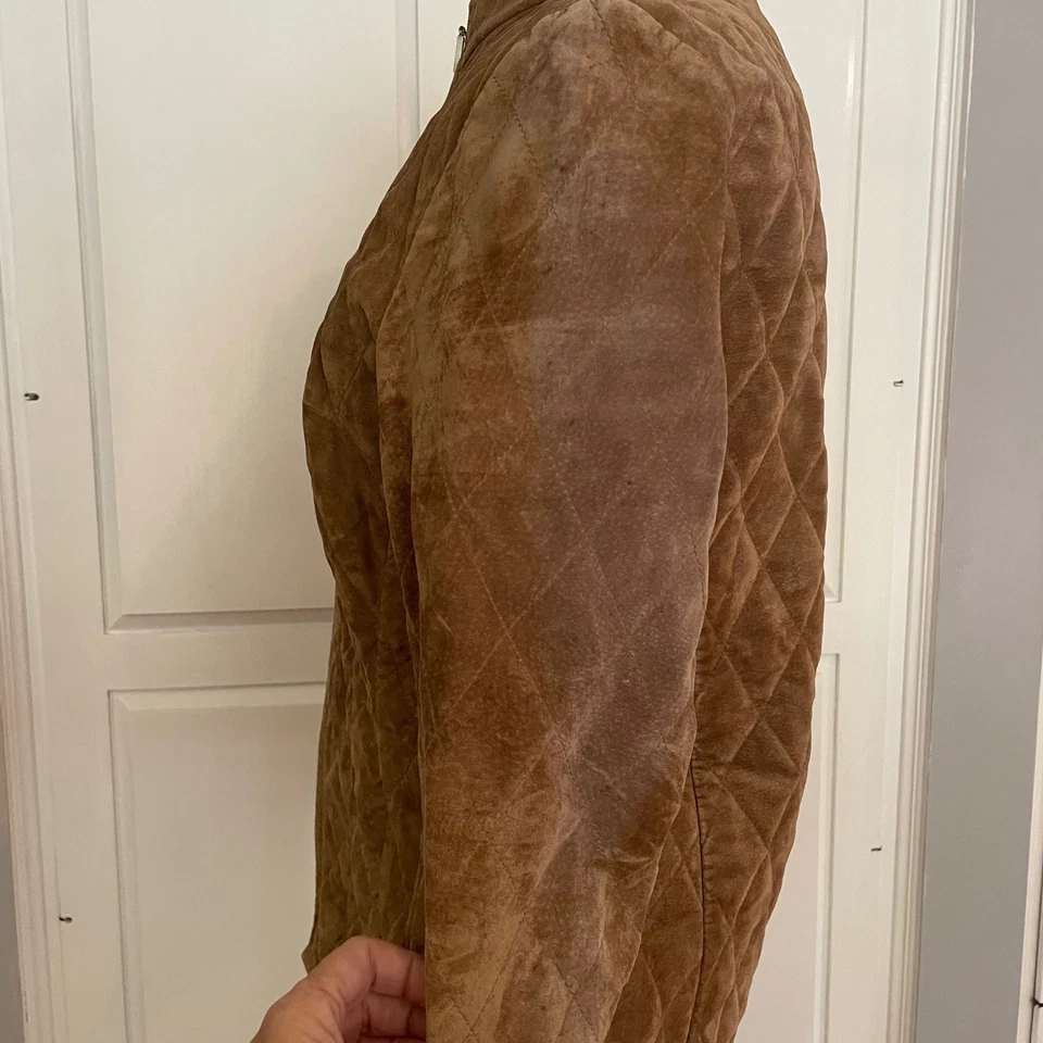 Chaqueta acolchada de gamuza marrón con cremallera cuello falso bolsillos para el cuello mujer pequeña mediana Foto 4 de 4