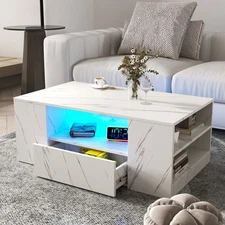 LED Coffee Table Center Cocktail Table Wood Side Table End Table w/ 2 Drawers