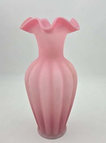 Fenton Satin Ruffled Melon Vase 1970's Vintage 11" Large Version
