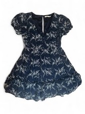 Mi Ami Women’s Small Navy Blue White Floral Embroidered Puff Sleeve Mini Dress