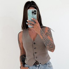 Ladies Brown Fitted Waistcoat Lined Sleeveless Smart Jacket Top Size 8