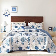 Coastal Quilt Set Queen Size 3 Pcs, Summer Blue Beach Theme Quilts with Pillowca