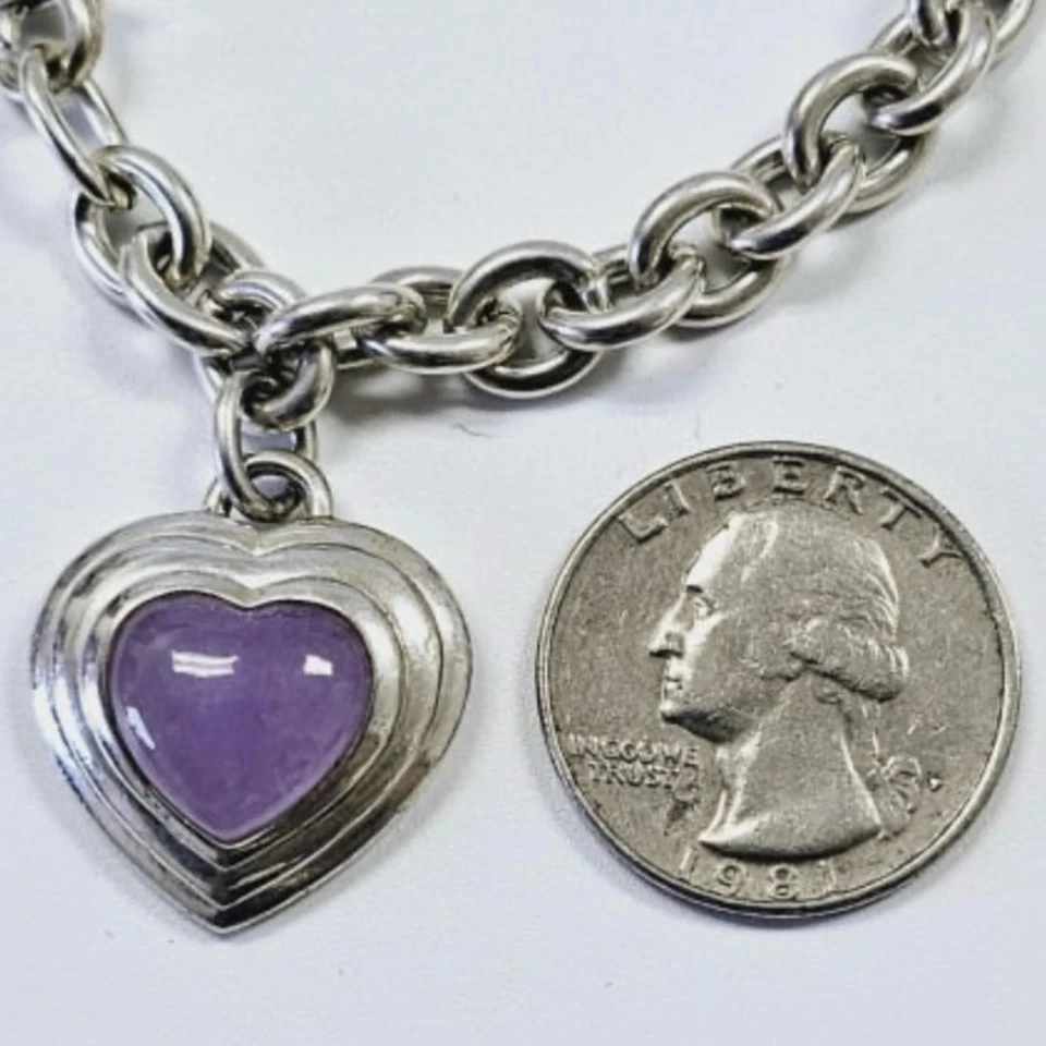 "Brazalete de plata esterlina con dije de corazón de jade lavanda de 7"" corazón hinchado colgante" Foto 4 de 4