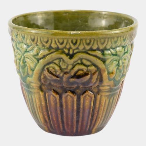 Brush McCoy 1927 Art Pottery Green Brown Blended Majolica Satyr Face Jardiniere