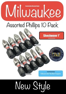 10 Pack Assortment Phillips PH1 PH2 PR2 PH3 Milwaukee Shockwave Impact 1'' Bit