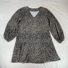 Leopard Print V-Neck Puff Sleeve Shift Dress Tan Brown Black Women’s Medium