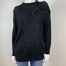 Vintage Dana Scott Sz L Large Women s Black Sweater Embroidered Swirl Christmas