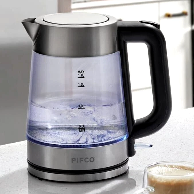 Pifco Glass Jug Kettle Cordless 1.7L 3000W Quick Illuminated LED Light Easy Fill