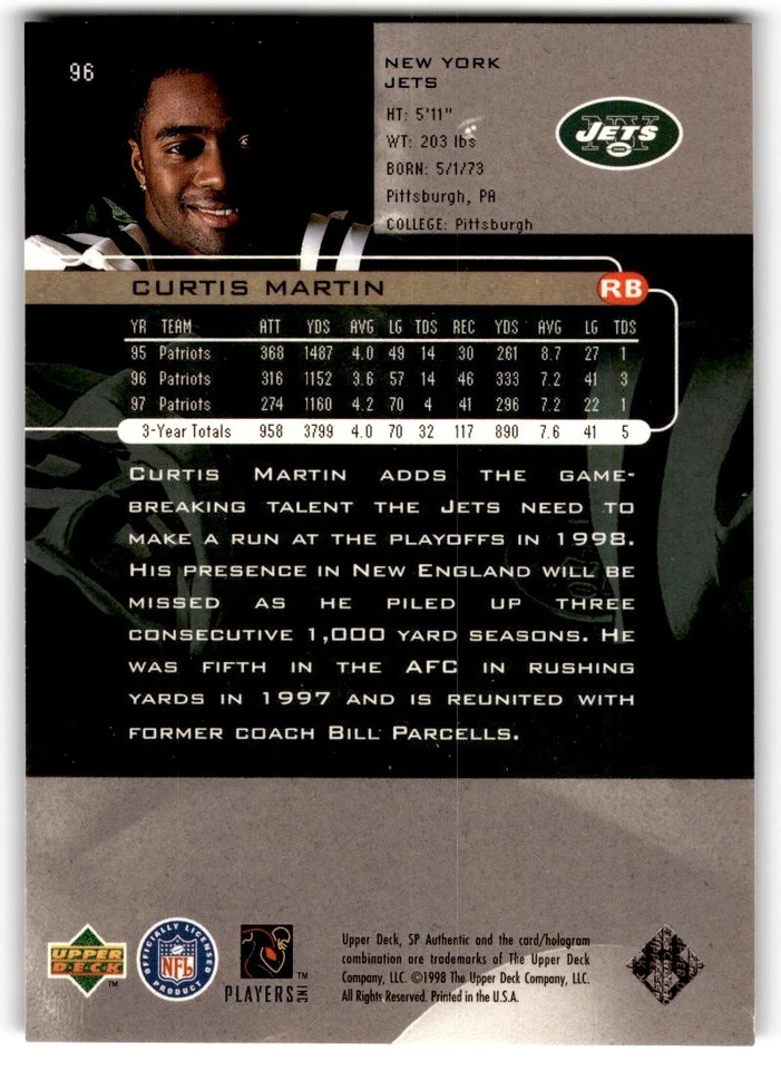 1998 SP Authentic Curtis Martin #96 New York Jets - Image 2 of 2