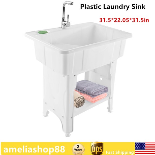Freestanding Utility Sink Laundry Tub With Faucet – Gray PP/Stainless Steel For Garage/Shop