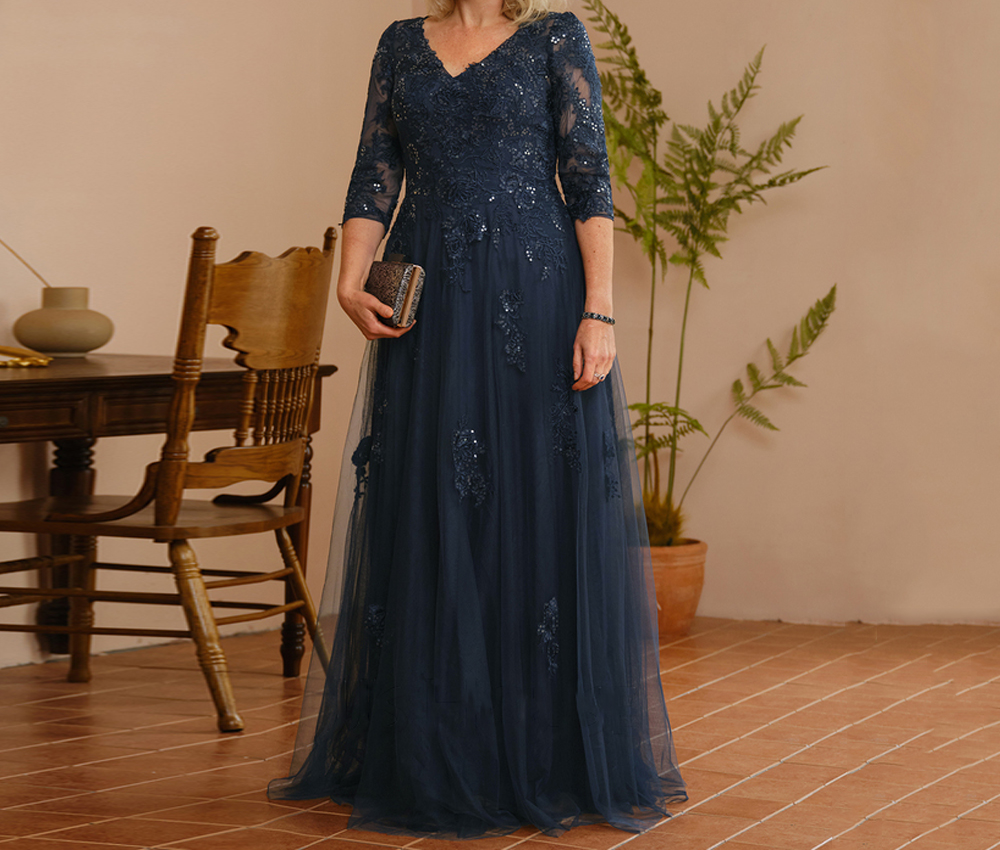 Navy Blue Sequin Mother of The Bride Dress V Neck 3/4 Sleeves A Line Plus  Size | eBay