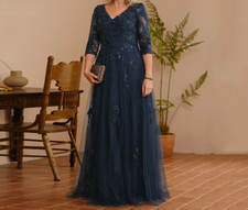 Navy Blue Sequin Mother of The Bride Dress V Neck 3/4 Sleeves A Line Plus Size