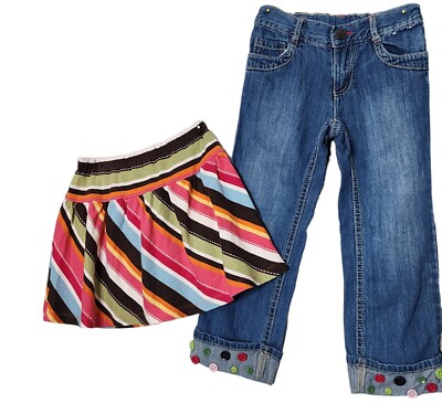 2 pc Gymboree SET Woodland Friends Striped Skirt Skort + Jeans 4 /4T Button Cuff