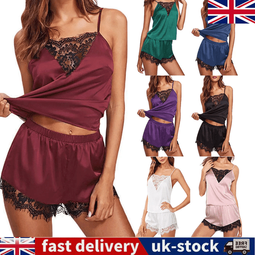 Women Ladies Satin Silk Lace Cami Vest Shorts Lingerie Pyjamas Set Pj Sleepwear