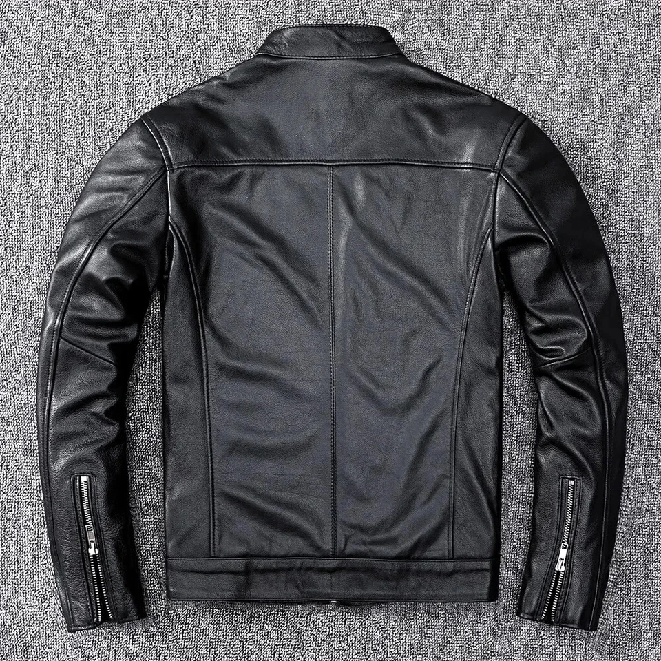 Men's Cowhide Leather Jacket Motorcycle Slim Fit Collar Up Biker Casual Jacket - Image 3 of 4