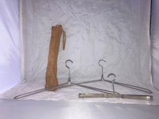 3 VINTAGE FOLDING COLLAPSIBLE TRAVEL CLOTHES COAT HANGERS in LEATHER CASE