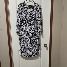 Lauren Ralph Lauren Navy White Geometric Sheath Dress 16 Ruched Jersey V-Neck