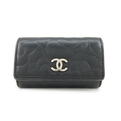 CHANEL Camelia Lamb Skin Leather Key Case Key Holder Black Authentic Used F/S