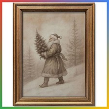 Vintage Santa Christmas Wall Art Gold Framed 12x9.5 Inch Winter Scene
