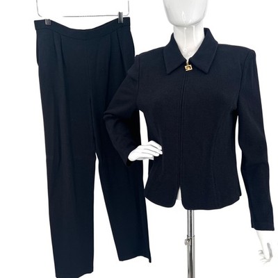 ST JOHN Marie Gray Santana Knit Black Pantsuit Size 6 Classic Elegant Luxury