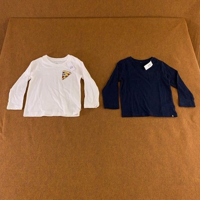 Gap Toddler Size 3 Years White Pizza Navy Long Sleeve Tees 2 Pieces NWT *Flaw