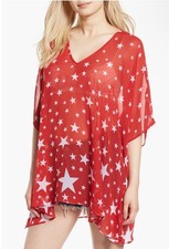 Show Me Your Mumu Peta Star Red Semi Sheer Batwing Tunic Size L