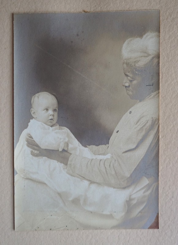 Antique Silver print African American Nanny with White Baby Intense Eyes