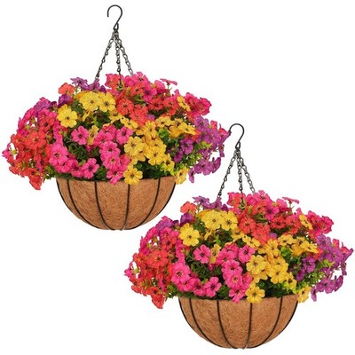2 Set Artificial Hanging Flowers with Basket for Outdoor Spring Summer Decor ...