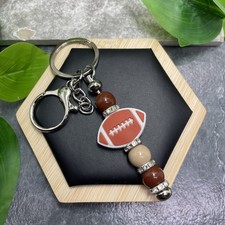 4.5  Stainless Steel Football Acrylic Beaded Keychain Purse Backpack New C1638
