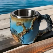 Mineral Crystal Stainless Mug Resin 6oz Blue Brown Handle Coffee Tea Gift