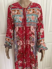 R. Vivimos M US 8/10 Red Blue Purple Floral Tassel Tie Retro Boho V Neck Dress